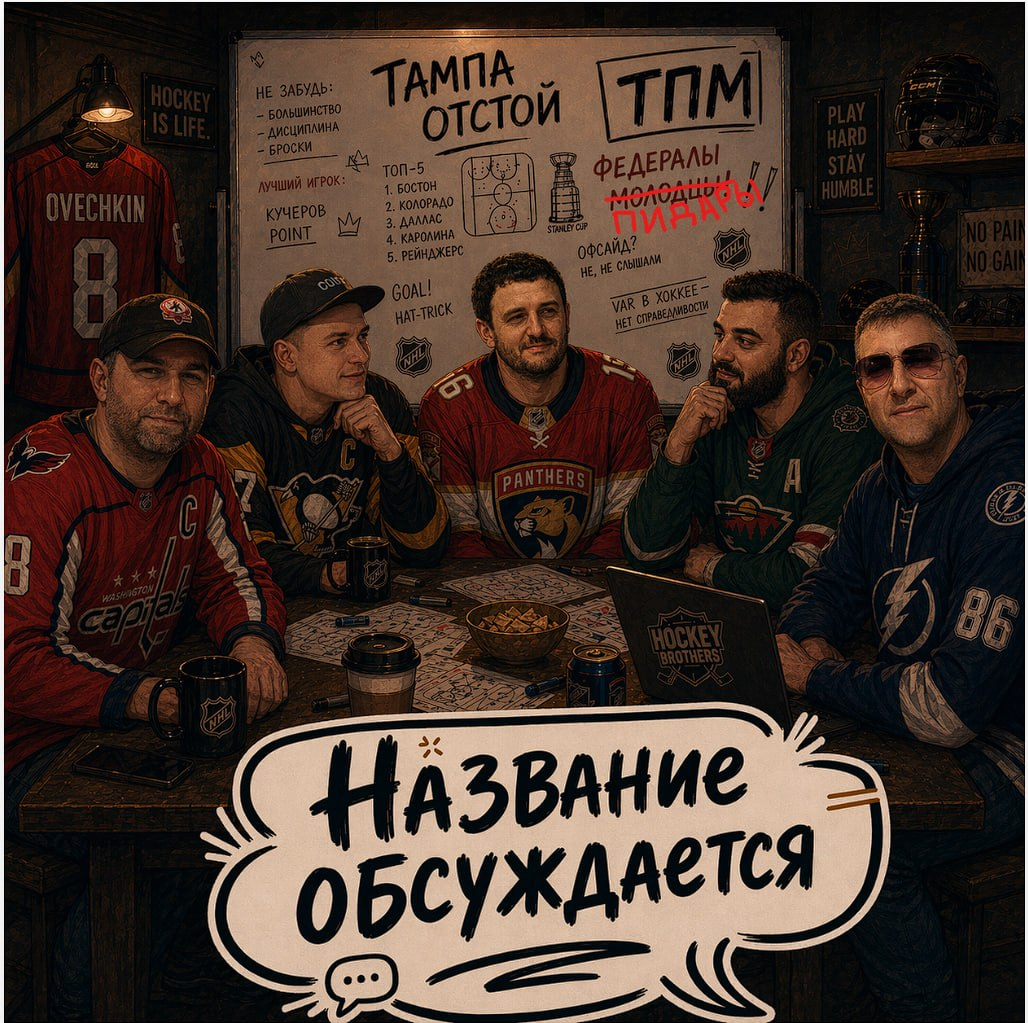 Компания хоккейных болельщиков обсуждает игру в раздевалке